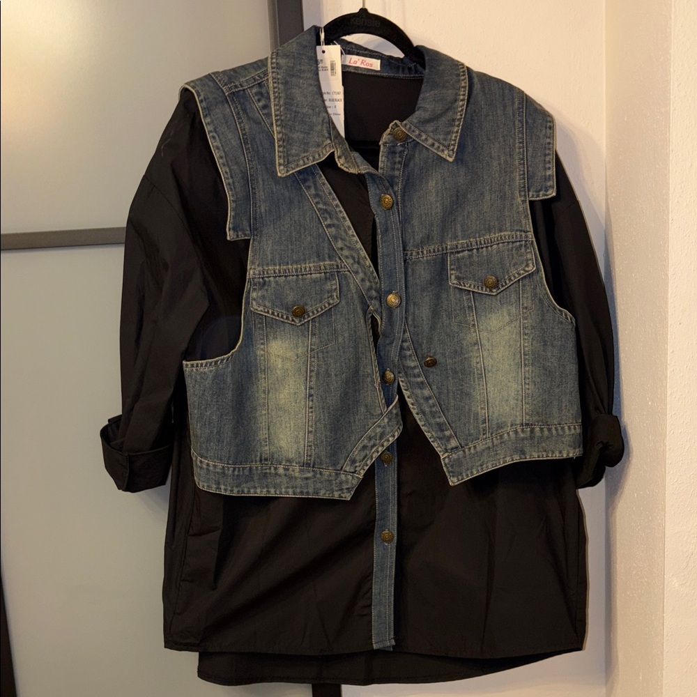 Women's Black Button-Down Shirt with Denim Vest Overlay